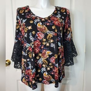 Roommates Black Floral Bell 3/4 Sleeve Top